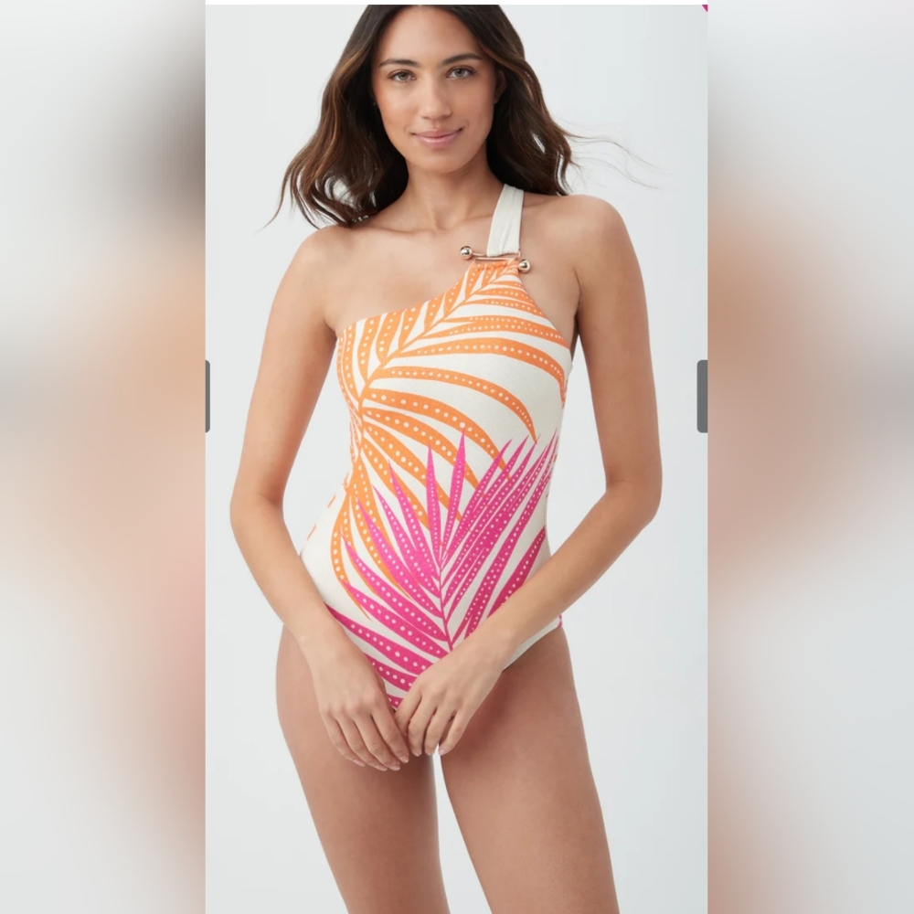 Trina Turk Sheer Tropics One Shoulder One Piece Swimsuit Sz4 Multi Pink&Orange